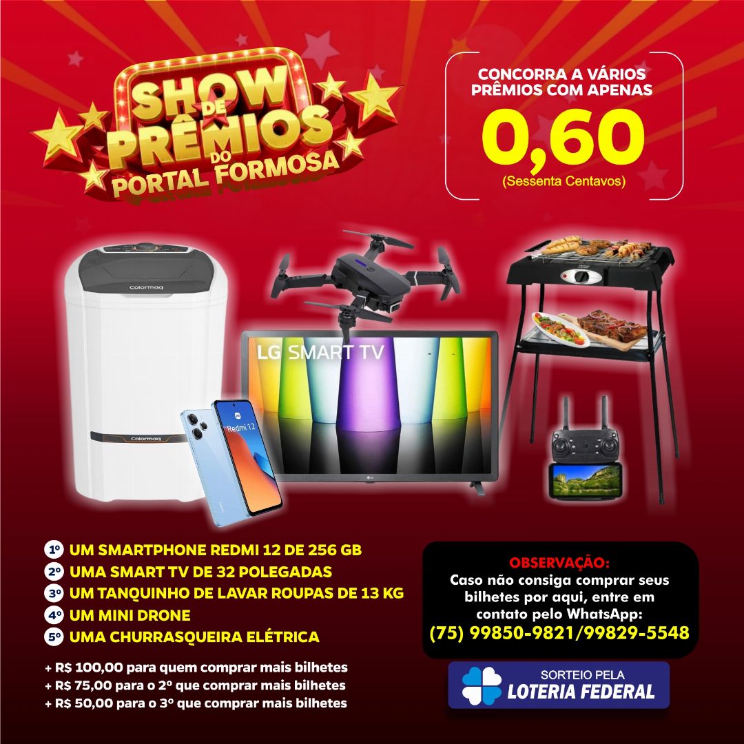 REDMI 12, SMART TV, TANQUINHO, MINI DRONE E CHURRASQUEIRA